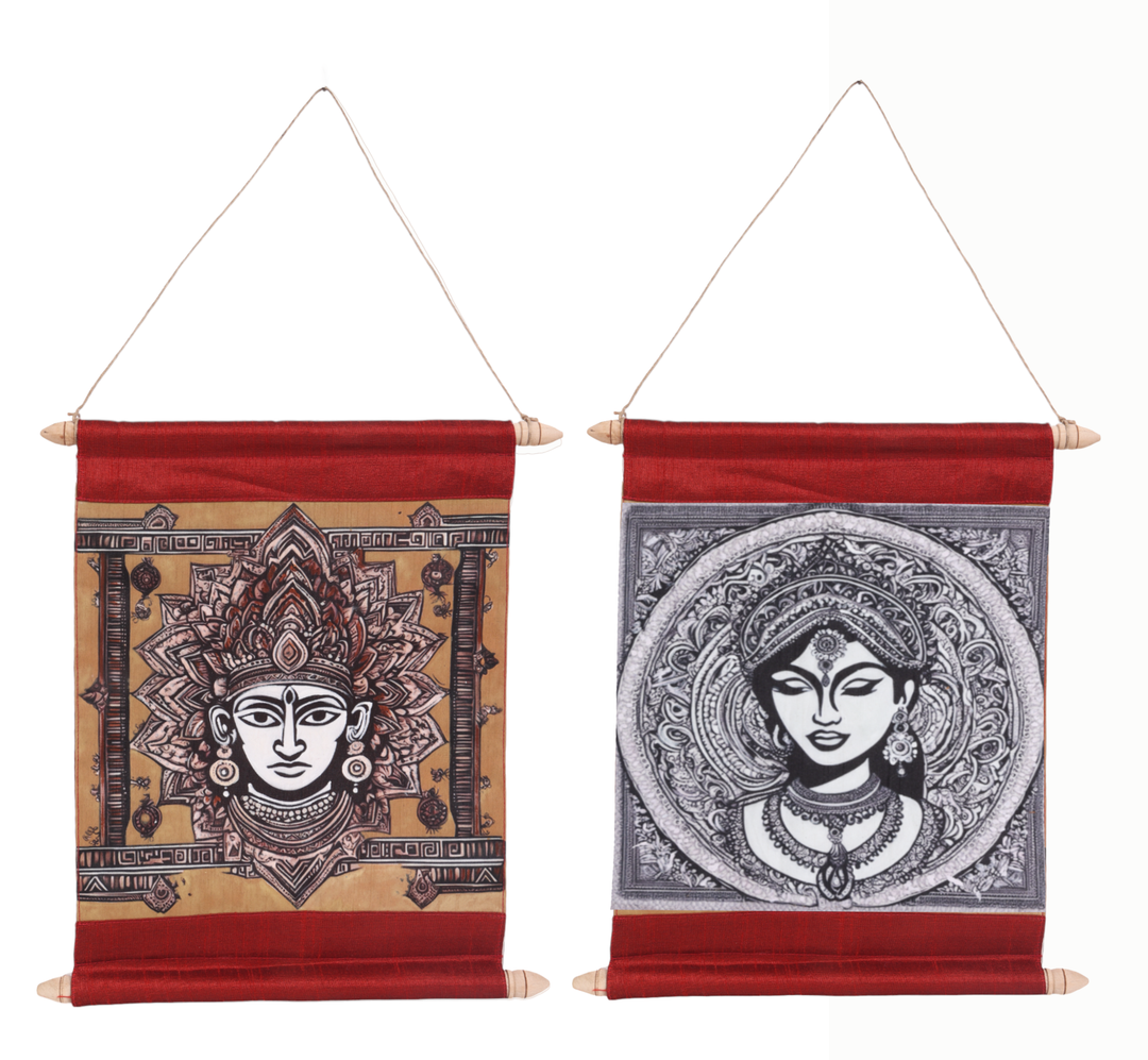 Indha Regal Royalty Mixed Media Art Scroll on Silk – Handcrafted Print of Indian King and Queen