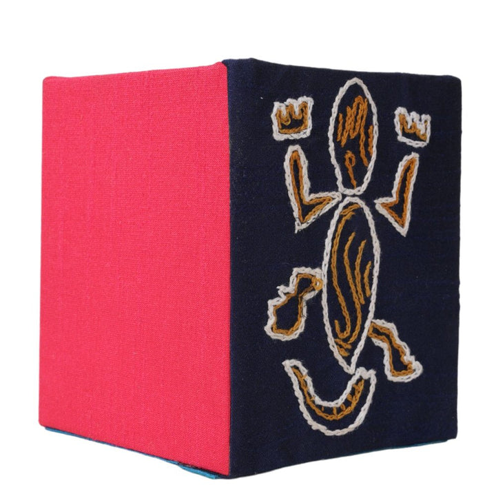 Indha Reptile Motif Pen Holder | Navy Blue &amp; Pink Pen Stand | Hand made Pen holder I Handcrafted Pen stand I Dupion Silk Fabric Penstand I Reprocessed Wood Pen Stand I  Corporate Gifting | Gifts For Men I Gifts For Women