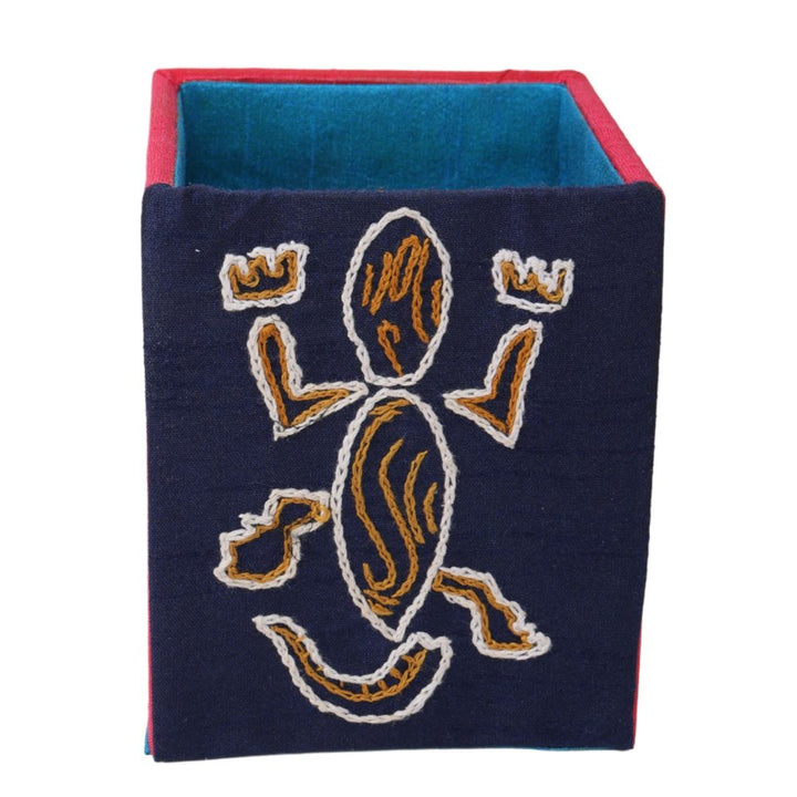 Indha Reptile Motif Pen Holder | Navy Blue &amp; Pink Pen Stand | Hand made Pen holder I Handcrafted Pen stand I Dupion Silk Fabric Penstand I Reprocessed Wood Pen Stand I  Corporate Gifting | Gifts For Men I Gifts For Women