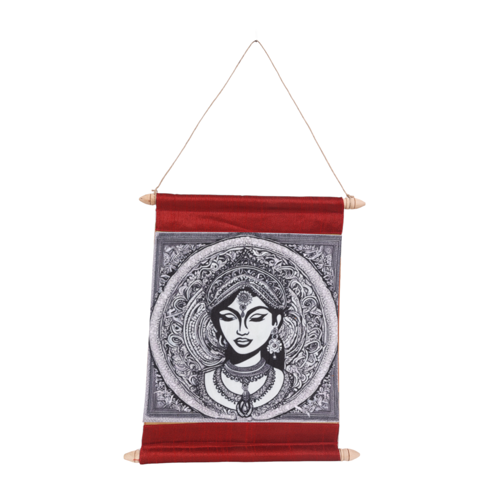 Indha Regal Royalty Mixed Media Art Scroll on Silk – Handcrafted Print of Indian King and Queen