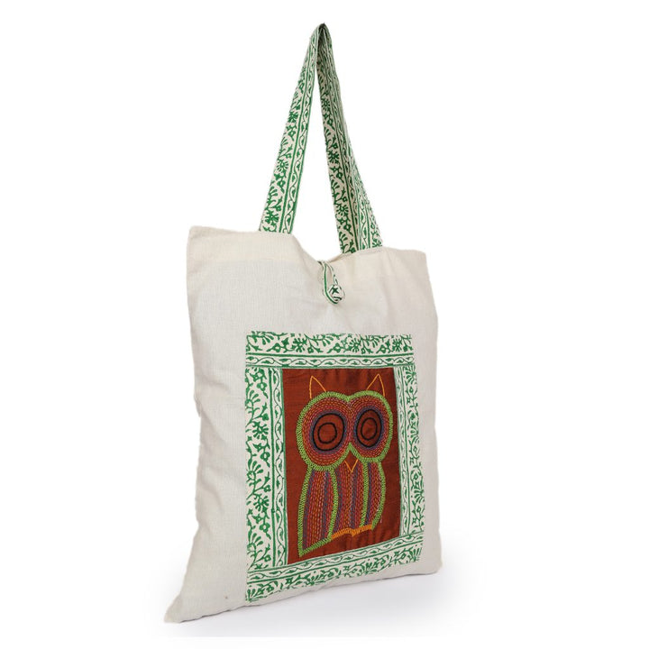 INDHA Owl Chain Stitch Hand Embroidered And Block Printed Multipurpose Cotton White Tote Bag | Hand Block Printed Bag | Eco-Friendly | Gifting | Corporate Gifting | Shopping Bag | Laptop Carry Bag | Traditional Tote Bag