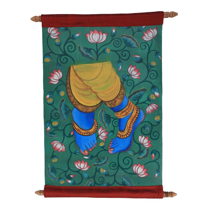 Indha Handpainted Shri Krishna Feet Scroll - Indian Mythology Art by Indha Artisans | Spiritual Wall Decor &amp; Festive Gifting |Office Decor | Home Decor