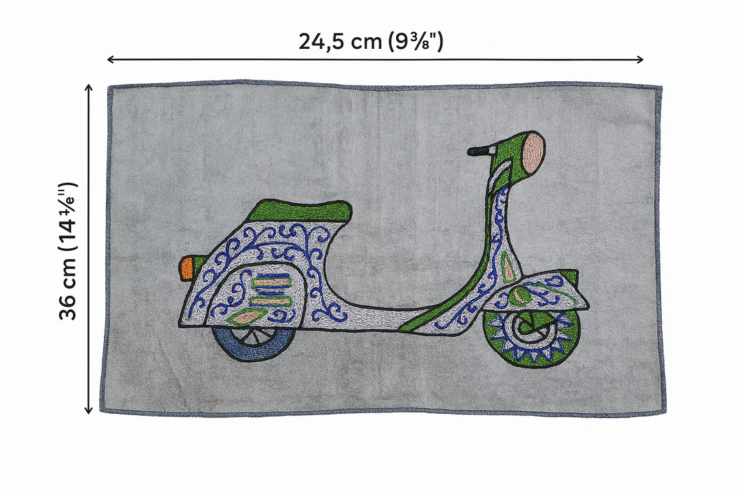Indha Indo-Italian Scooter Hand Embroidery Panel – Retro Art on Dupion Silk | DIY Decor | Travel-Inspired Gift