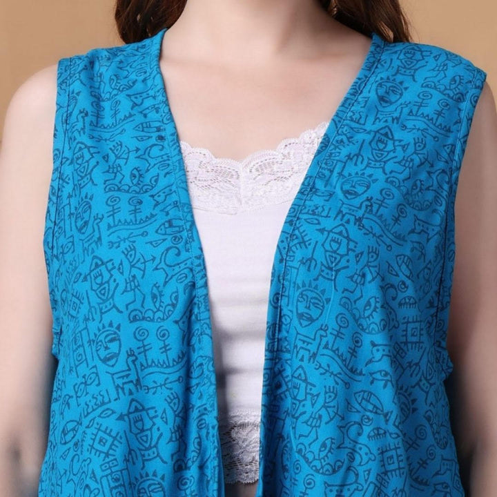 Indha Shrug | Sky Blue Cotton Shrug | Hand Block Printed Navy Blue Mohenjo-Daro Design Motif | Hand Block Printed Shrug | Sleeveless Shrug | Shrugs For Women | Traditional Shrugs | Gifting | Fashion Wear | Indo Western Shrug | Fashion Apparel