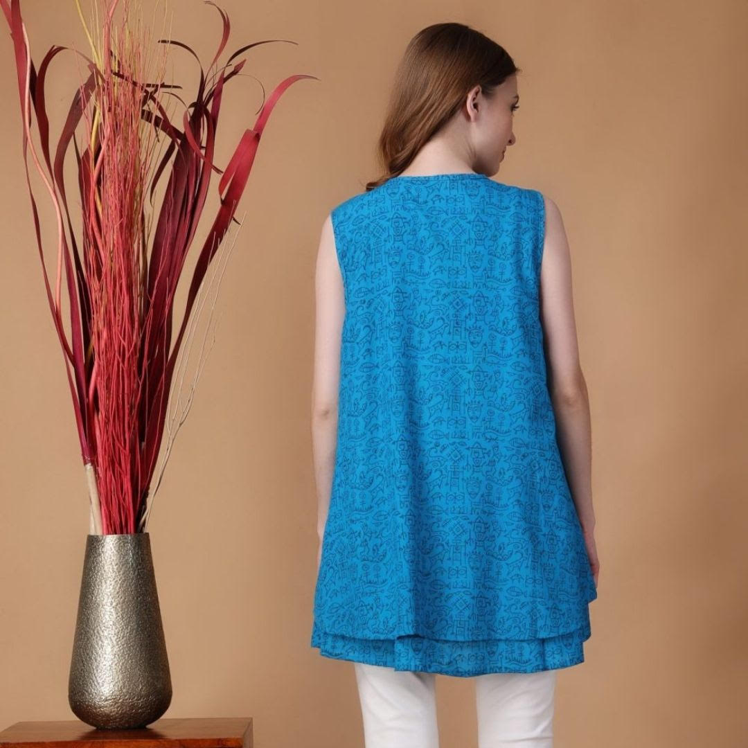 Indha Shrug | Sky Blue Cotton Shrug | Hand Block Printed Navy Blue Mohenjo-Daro Design Motif | Hand Block Printed Shrug | Sleeveless Shrug | Shrugs For Women | Traditional Shrugs | Gifting | Fashion Wear | Indo Western Shrug | Fashion Apparel