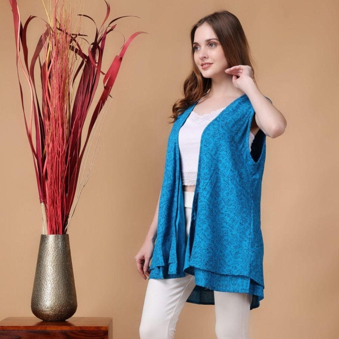 Indha Shrug | Sky Blue Cotton Shrug | Hand Block Printed Navy Blue Mohenjo-Daro Design Motif | Hand Block Printed Shrug | Sleeveless Shrug | Shrugs For Women | Traditional Shrugs | Gifting | Fashion Wear | Indo Western Shrug | Fashion Apparel