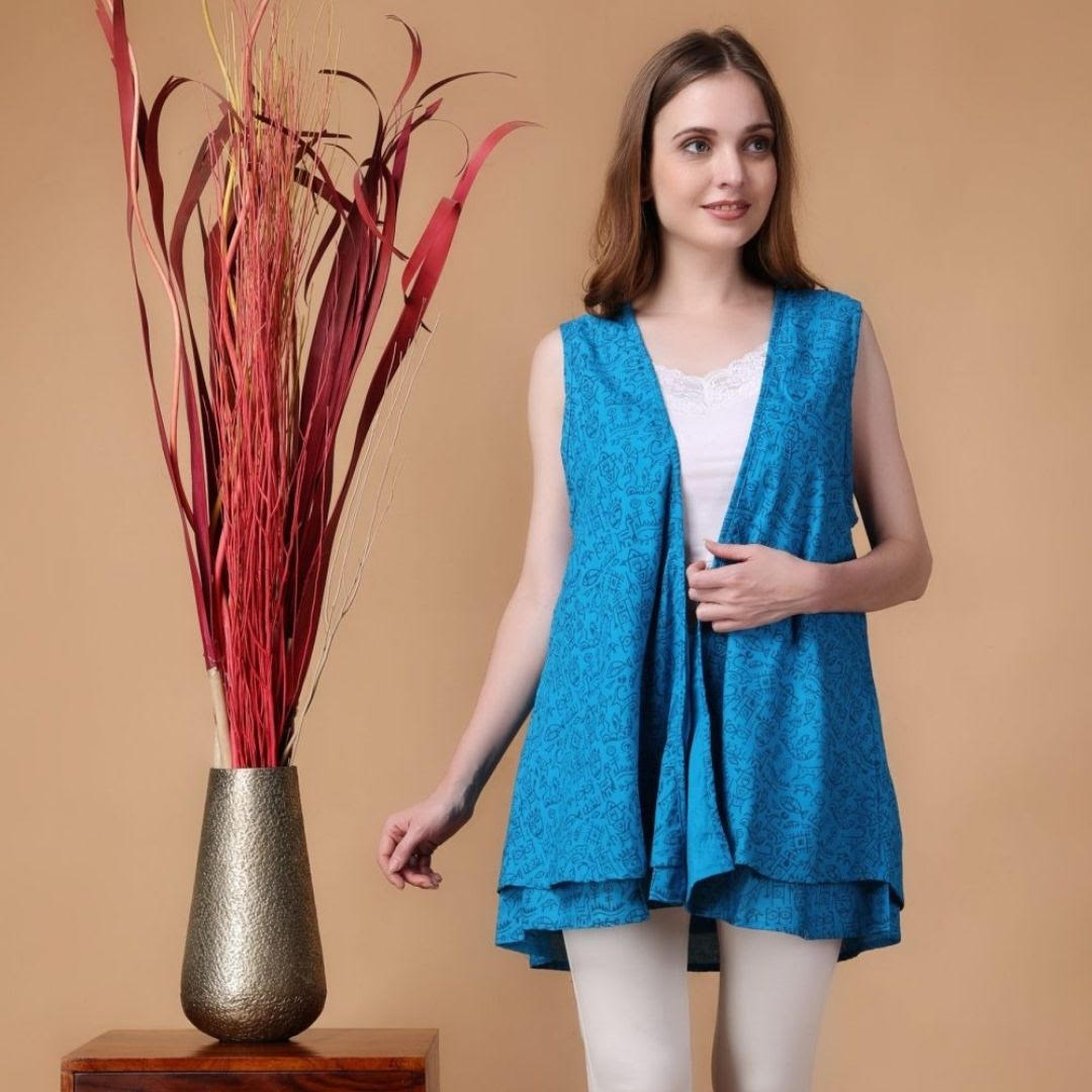 Indha Shrug | Sky Blue Cotton Shrug | Hand Block Printed Navy Blue Mohenjo-Daro Design Motif | Hand Block Printed Shrug | Sleeveless Shrug | Shrugs For Women | Traditional Shrugs | Gifting | Fashion Wear | Indo Western Shrug | Fashion Apparel