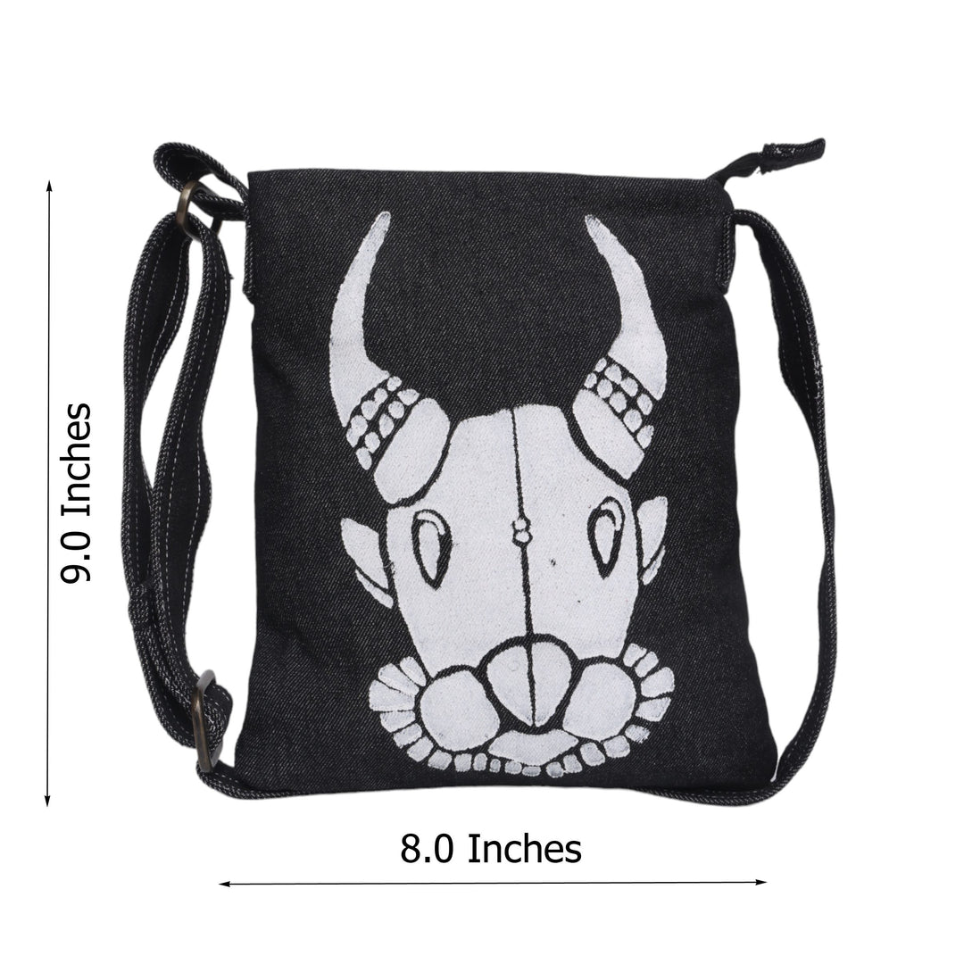 Indha Denim Crossbody Sling Bag for Girls/Women | Hand Block Printed Bull Face Sling Bag | Denim Sling Bag | Crossbody Sling Bag Sling crossbody shoulder bag | Women’s sling bag | Women black sling bag | Block print sling bag | Black sling bag |
