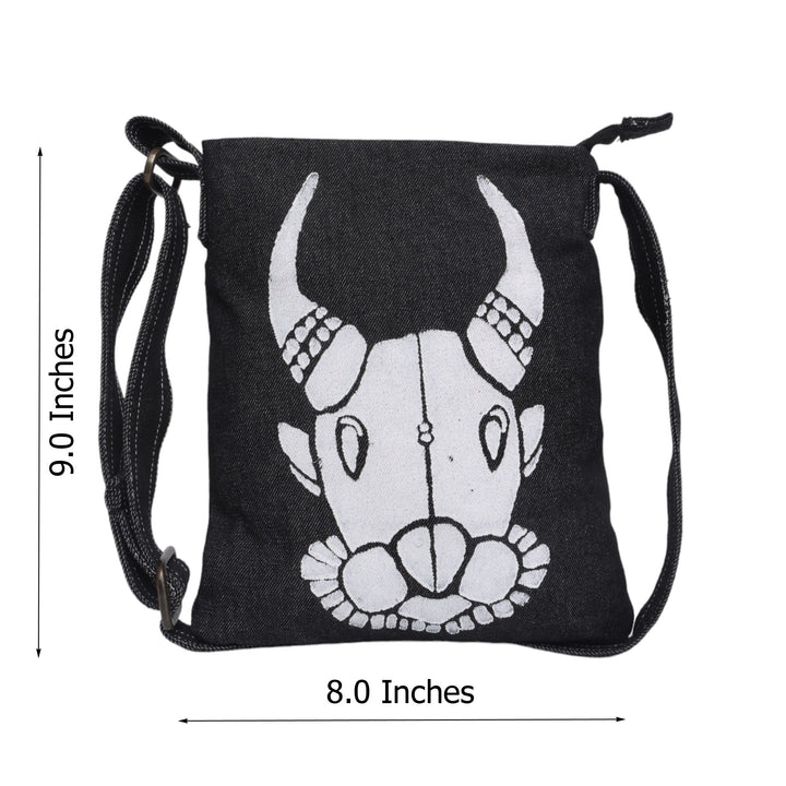 Indha Denim Crossbody Sling Bag for Girls/Women | Hand Block Printed Bull Face Sling Bag | Denim Sling Bag | Crossbody Sling Bag Sling crossbody shoulder bag | Women’s sling bag | Women black sling bag | Block print sling bag | Black sling bag |