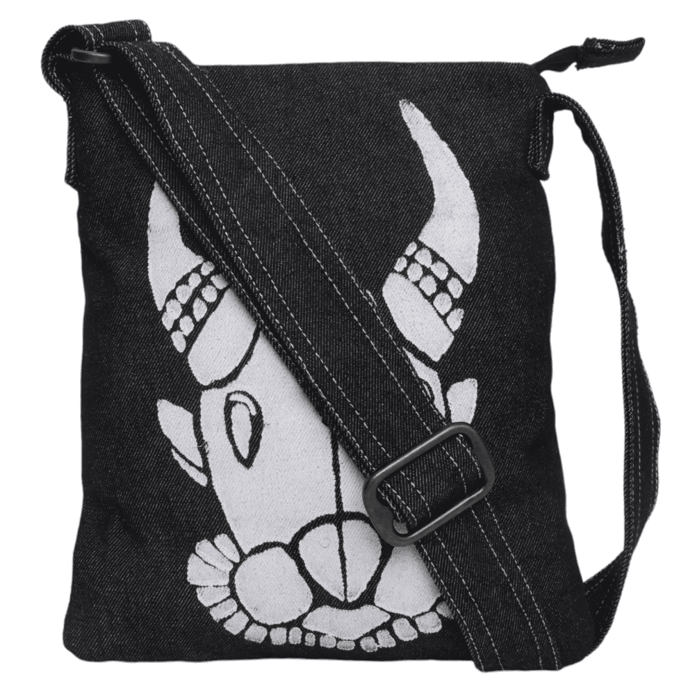 Indha Denim Crossbody Sling Bag for Girls/Women | Hand Block Printed Bull Face Sling Bag | Denim Sling Bag | Crossbody Sling Bag Sling crossbody shoulder bag | Women’s sling bag | Women black sling bag | Block print sling bag | Black sling bag |