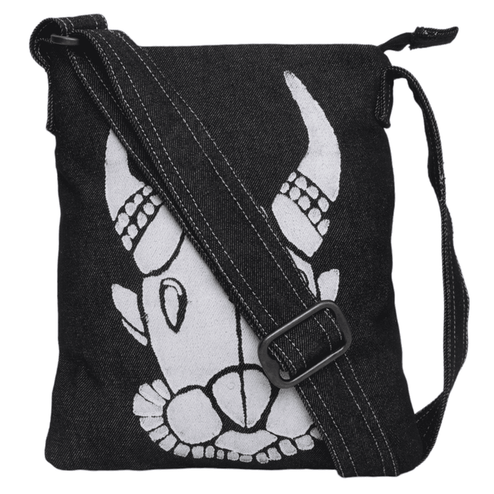 Indha Denim Crossbody Sling Bag for Girls/Women | Hand Block Printed Bull Face Sling Bag | Denim Sling Bag | Crossbody Sling Bag Sling crossbody shoulder bag | Women’s sling bag | Women black sling bag | Block print sling bag | Black sling bag |
