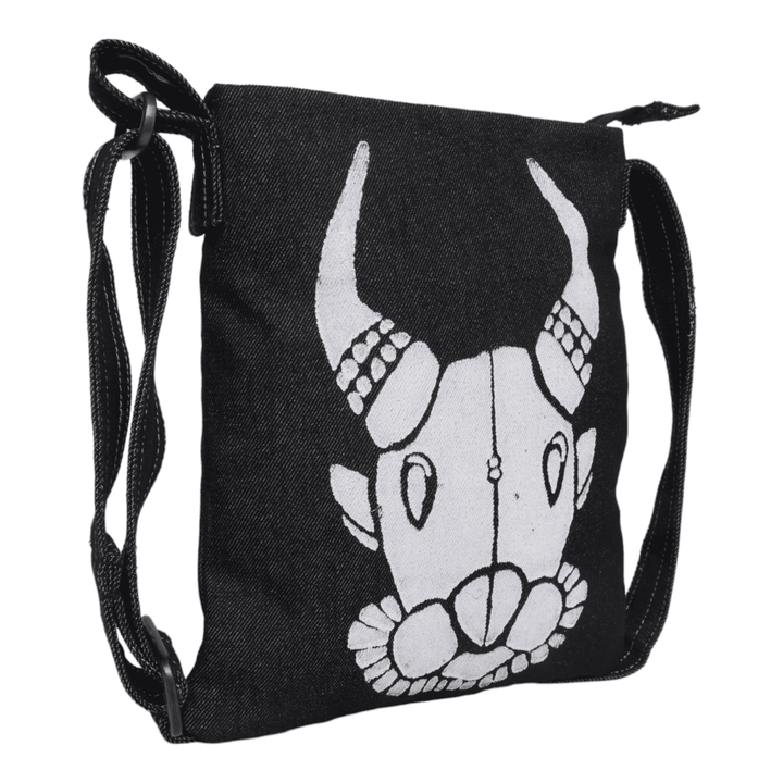 Indha Denim Crossbody Sling Bag for Girls/Women | Hand Block Printed Bull Face Sling Bag | Denim Sling Bag | Crossbody Sling Bag Sling crossbody shoulder bag | Women’s sling bag | Women black sling bag | Block print sling bag | Black sling bag |