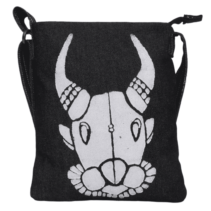 Indha Denim Crossbody Sling Bag for Girls/Women | Hand Block Printed Bull Face Sling Bag | Denim Sling Bag | Crossbody Sling Bag Sling crossbody shoulder bag | Women’s sling bag | Women black sling bag | Block print sling bag | Black sling bag |
