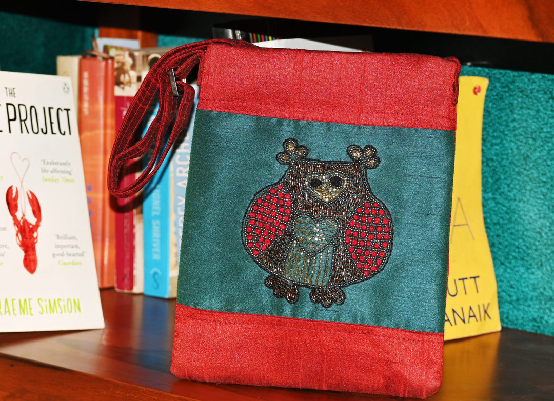 INDHA Zardozi embroidery Maroon &amp; Teal Green Sling Bag | Upcycled Fabric | Owl motif | College Bag | Corporate Giveaway | Eco-friendly bag | Hand-embroidered product