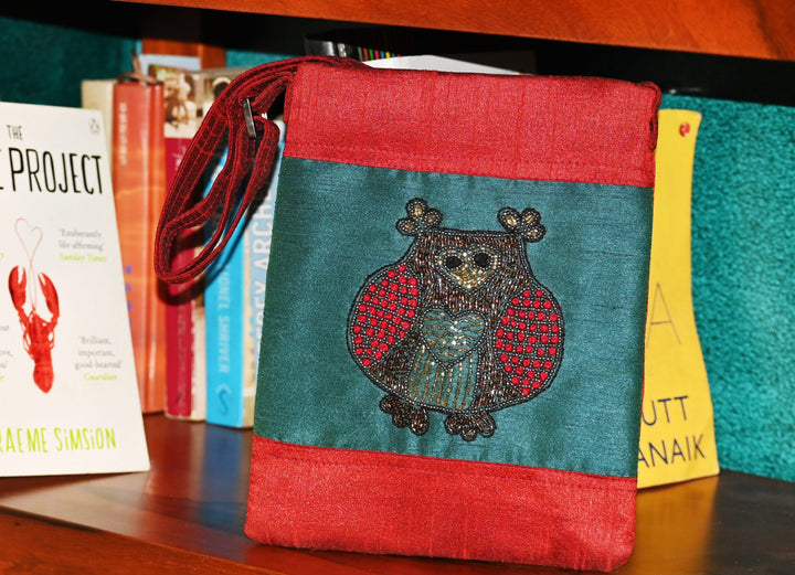 INDHA Zardozi embroidery Maroon &amp; Teal Green Sling Bag | Upcycled Fabric | Owl motif | College Bag | Corporate Giveaway | Eco-friendly bag | Hand-embroidered product