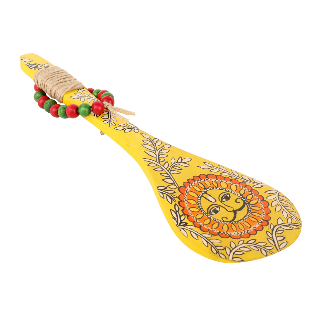 Click to see full view    Indha Hand-Painted Wooden Spoon Décor – Madhubani Sun Art | Yellow Wall Accent with Jute & Beads | Travel-Friendly Indian Souvenir | Handmade Gift