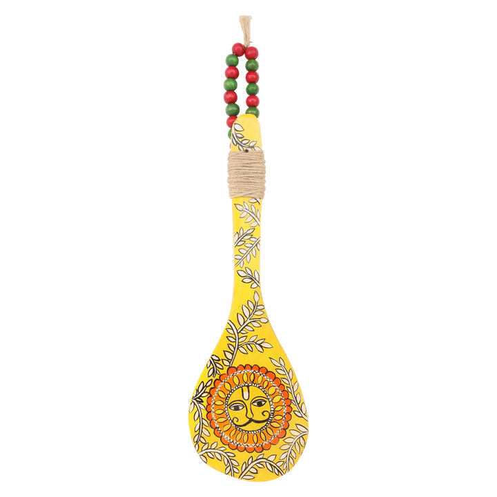 Click to see full view    Indha Hand-Painted Wooden Spoon Décor – Madhubani Sun Art | Yellow Wall Accent with Jute & Beads | Travel-Friendly Indian Souvenir | Handmade Gift