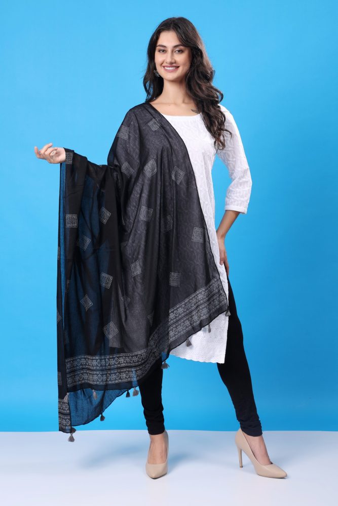 INDHA Stole | Black Cotton Stole | Hand Block Printed White Geometric Design Pattern | Hand Block Printed Stole | Stoles For Women | Ethnic Stoles | Gifting | Fashion Wear | Indo Western Stole | Fashion Accessory | Light Weight Voil Fabric