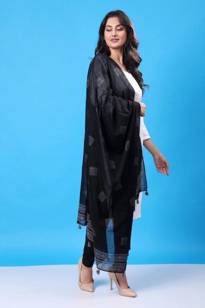 INDHA Stole | Black Cotton Stole | Hand Block Printed White Geometric Design Pattern | Hand Block Printed Stole | Stoles For Women | Ethnic Stoles | Gifting | Fashion Wear | Indo Western Stole | Fashion Accessory | Light Weight Voil Fabric