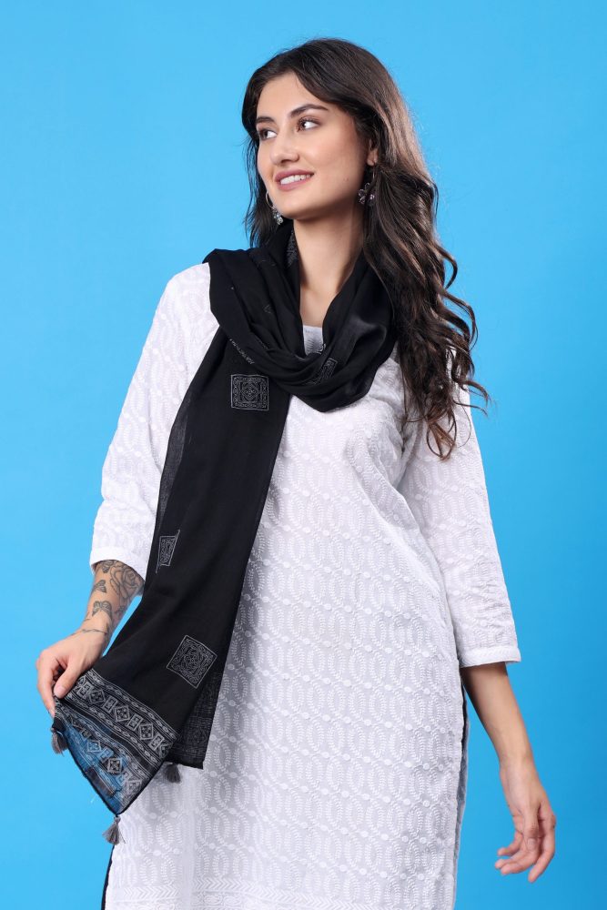 INDHA Stole | Black Cotton Stole | Hand Block Printed White Geometric Design Pattern | Hand Block Printed Stole | Stoles For Women | Ethnic Stoles | Gifting | Fashion Wear | Indo Western Stole | Fashion Accessory | Light Weight Voil Fabric