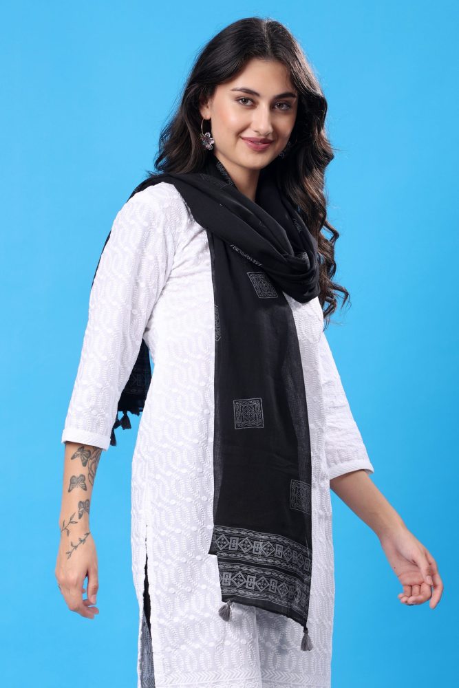 INDHA Stole | Black Cotton Stole | Hand Block Printed White Geometric Design Pattern | Hand Block Printed Stole | Stoles For Women | Ethnic Stoles | Gifting | Fashion Wear | Indo Western Stole | Fashion Accessory | Light Weight Voil Fabric