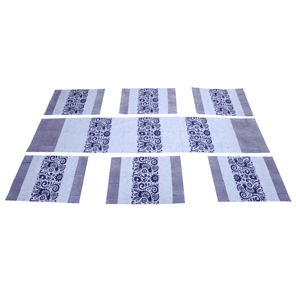 Indha Block Printed Cotton Dining Table Runner &amp; Mats Set (6 Pieces) | Traditional Design Table Mat Set | Perfect for Corporate and Personal Gifting