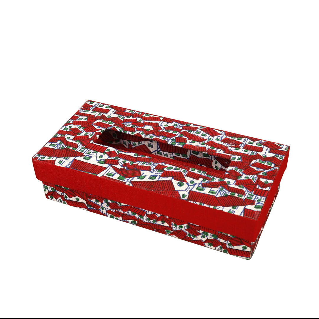INDHA Maroon And White Huts Motif | Designer Hand Block Printed Tissue Box | Block Printed Design Tissue Box | Home Utility | Car Utility | Handmade | Gifting | Maroon Tissue Box | Dupion Silk Tissue Box | Utility Product | Handcrafted