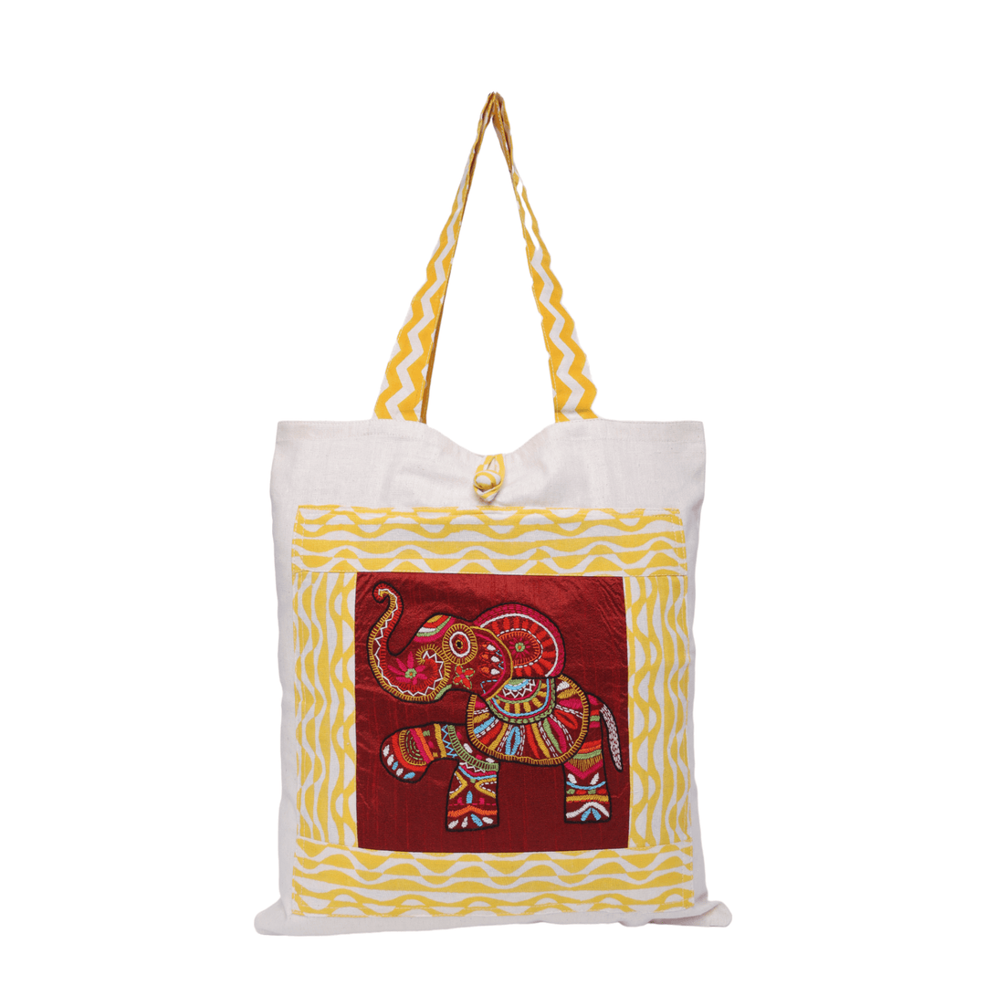 Indha Hand Embroidered Cotton Tote Bag with Elephant Motif &amp; Block Print | Eco-Friendly, Artisanal, Stylish, Sustainable Gift &amp; Everyday Travel Bag|Boho Tote|Awesome Carry Bag|Stylish Bag