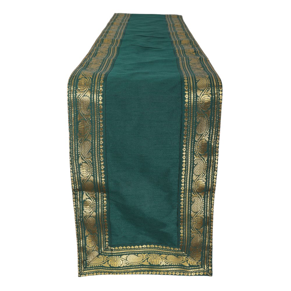 Indha Deep Forest Green Dupion Silk Table Mat &amp; Runner Set with Golden Zari Border – An Elegant and Timeless Dining Set for Special Occasions, Festive Gatherings, and Luxurious Home Decor