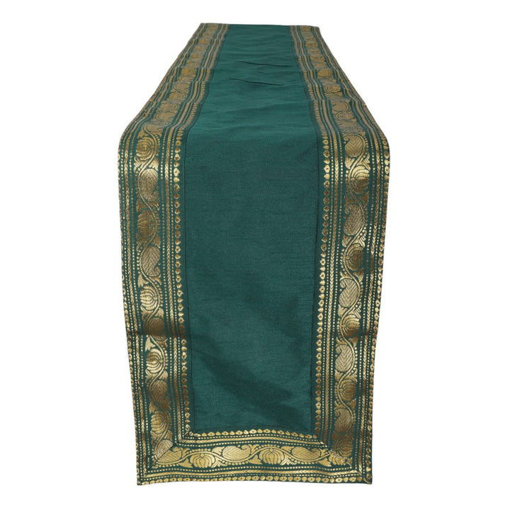 Indha Deep Forest Green Dupion Silk Table Mat &amp; Runner Set with Golden Zari Border – An Elegant and Timeless Dining Set for Special Occasions, Festive Gatherings, and Luxurious Home Decor