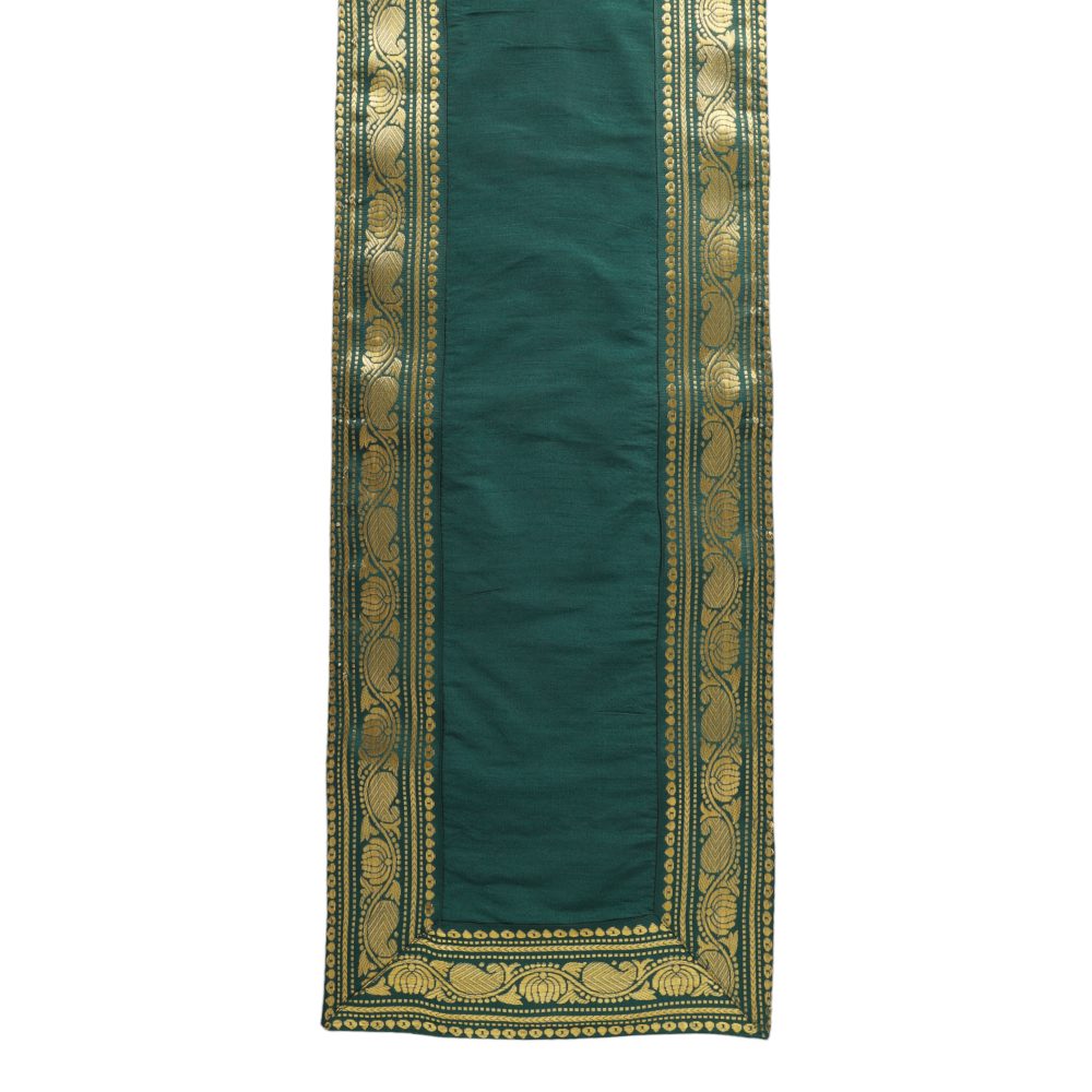 Indha Deep Forest Green Dupion Silk Table Mat &amp; Runner Set with Golden Zari Border – An Elegant and Timeless Dining Set for Special Occasions, Festive Gatherings, and Luxurious Home Decor