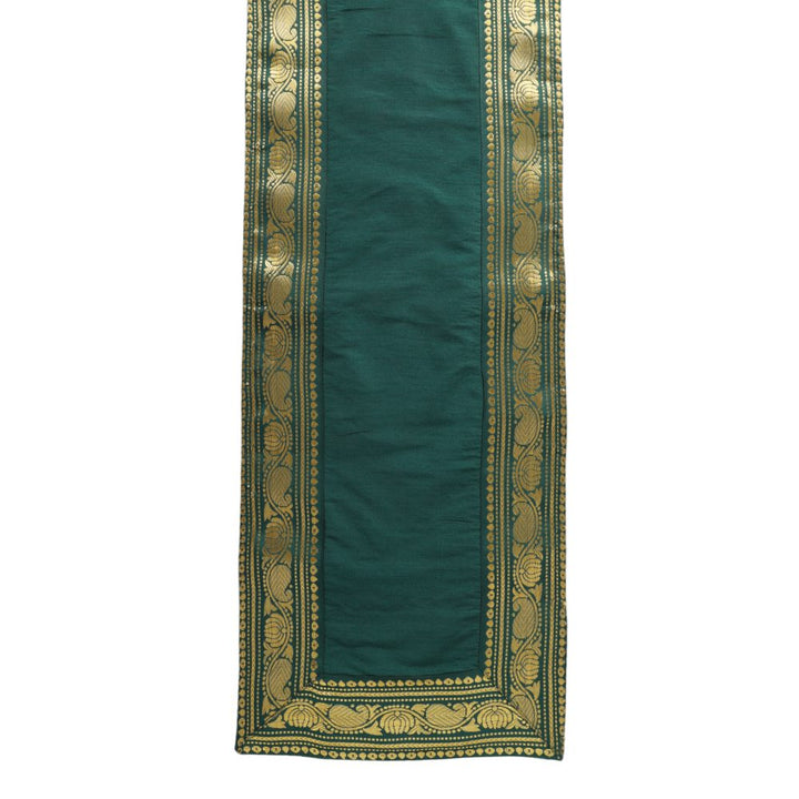 Indha Deep Forest Green Dupion Silk Table Mat &amp; Runner Set with Golden Zari Border – An Elegant and Timeless Dining Set for Special Occasions, Festive Gatherings, and Luxurious Home Decor
