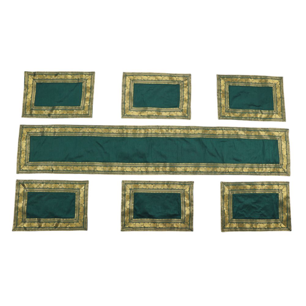 Indha Deep Forest Green Dupion Silk Table Mat &amp; Runner Set with Golden Zari Border – An Elegant and Timeless Dining Set for Special Occasions, Festive Gatherings, and Luxurious Home Decor