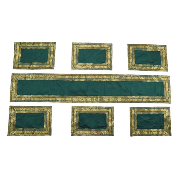 Indha Deep Forest Green Dupion Silk Table Mat &amp; Runner Set with Golden Zari Border – An Elegant and Timeless Dining Set for Special Occasions, Festive Gatherings, and Luxurious Home Decor