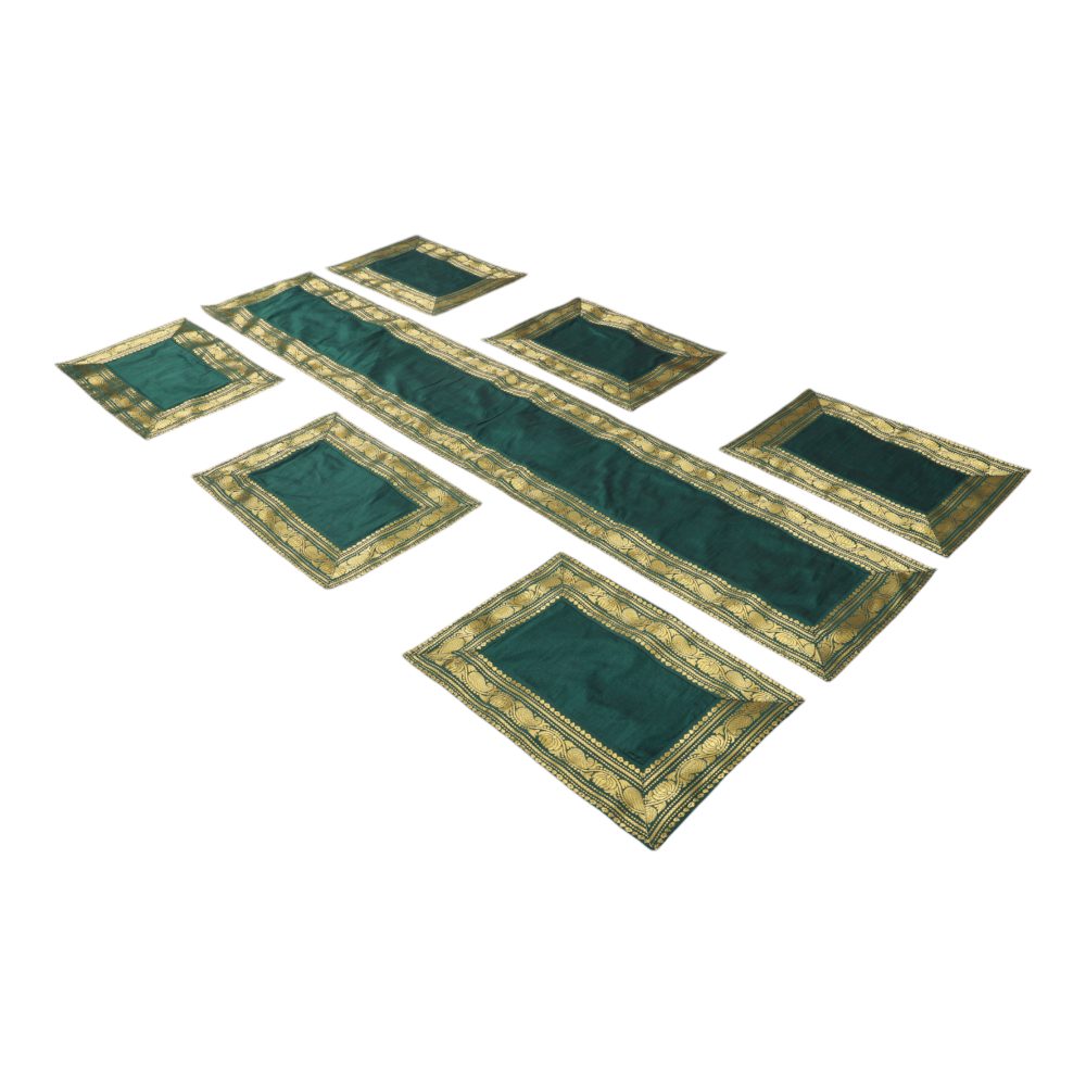 Indha Deep Forest Green Dupion Silk Table Mat &amp; Runner Set with Golden Zari Border – An Elegant and Timeless Dining Set for Special Occasions, Festive Gatherings, and Luxurious Home Decor