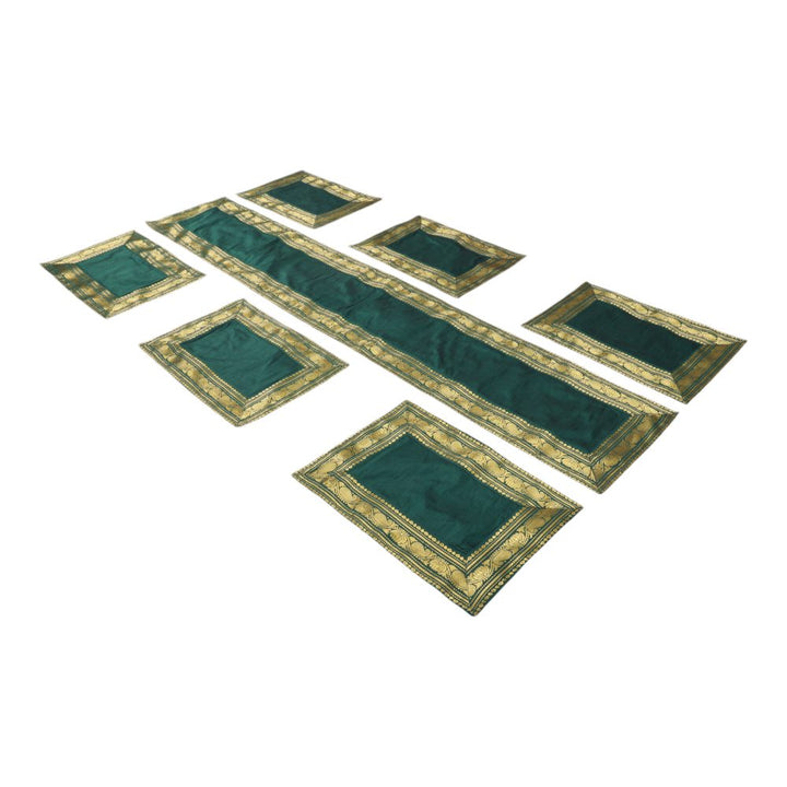 Indha Deep Forest Green Dupion Silk Table Mat &amp; Runner Set with Golden Zari Border – An Elegant and Timeless Dining Set for Special Occasions, Festive Gatherings, and Luxurious Home Decor