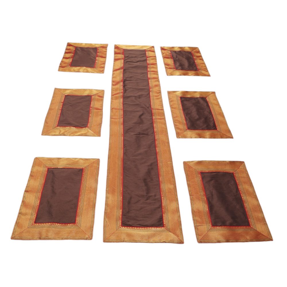 Indha Maroon Dupion Silk Table Mat &amp; Runner Set with Golden Zari Border – An Elegant and Timeless Dining Set for Special Occasions and Luxurious Home Decor