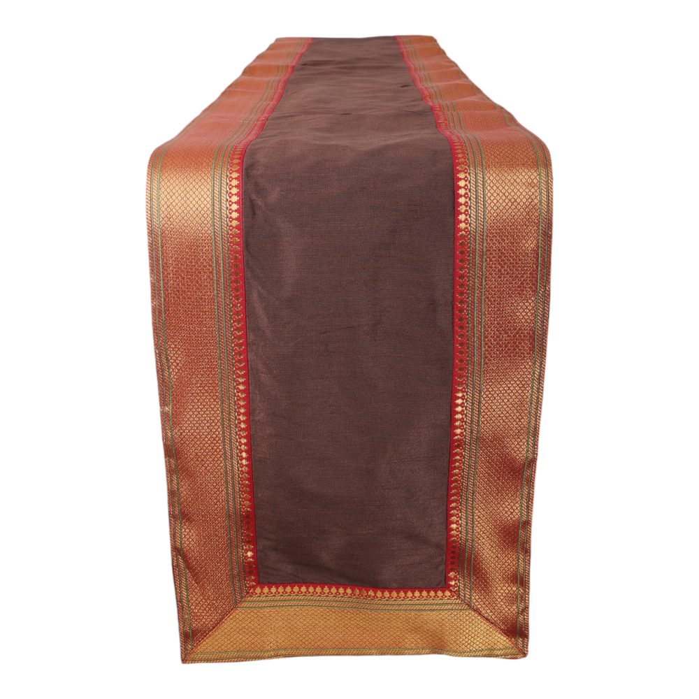 Indha Maroon Dupion Silk Table Mat &amp; Runner Set with Golden Zari Border – An Elegant and Timeless Dining Set for Special Occasions and Luxurious Home Decor