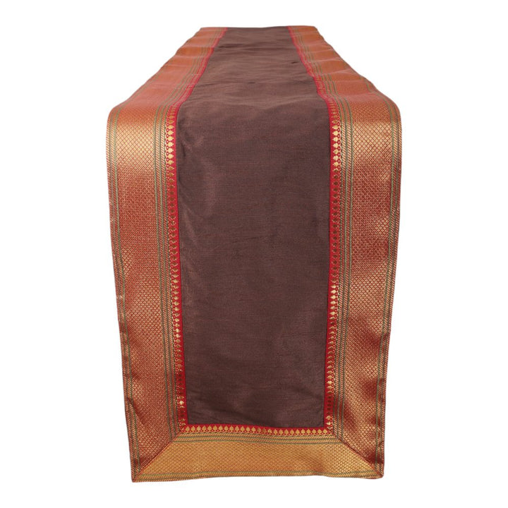 Indha Maroon Dupion Silk Table Mat &amp; Runner Set with Golden Zari Border – An Elegant and Timeless Dining Set for Special Occasions and Luxurious Home Decor