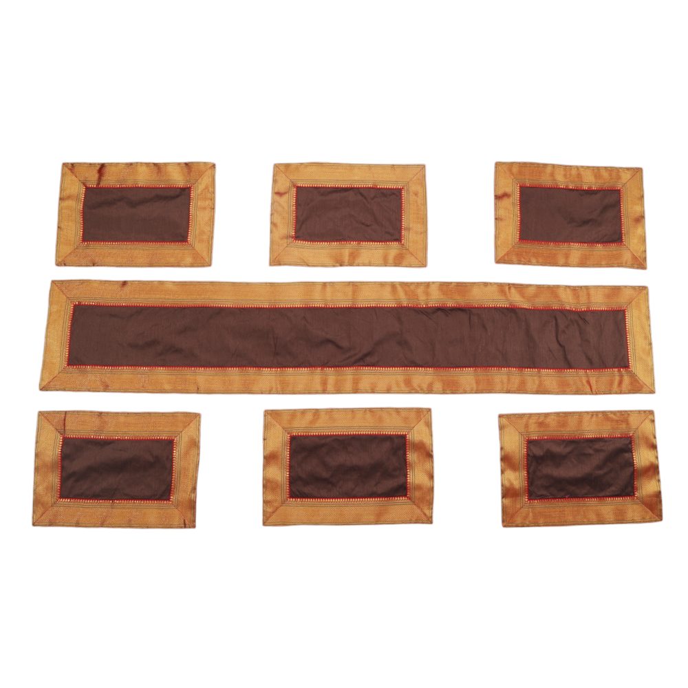 Indha Maroon Dupion Silk Table Mat &amp; Runner Set with Golden Zari Border – An Elegant and Timeless Dining Set for Special Occasions and Luxurious Home Decor