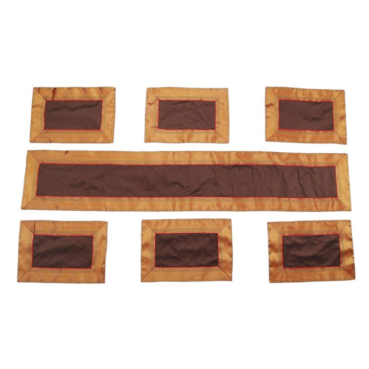 Indha Maroon Dupion Silk Table Mat &amp; Runner Set with Golden Zari Border – An Elegant and Timeless Dining Set for Special Occasions and Luxurious Home Decor