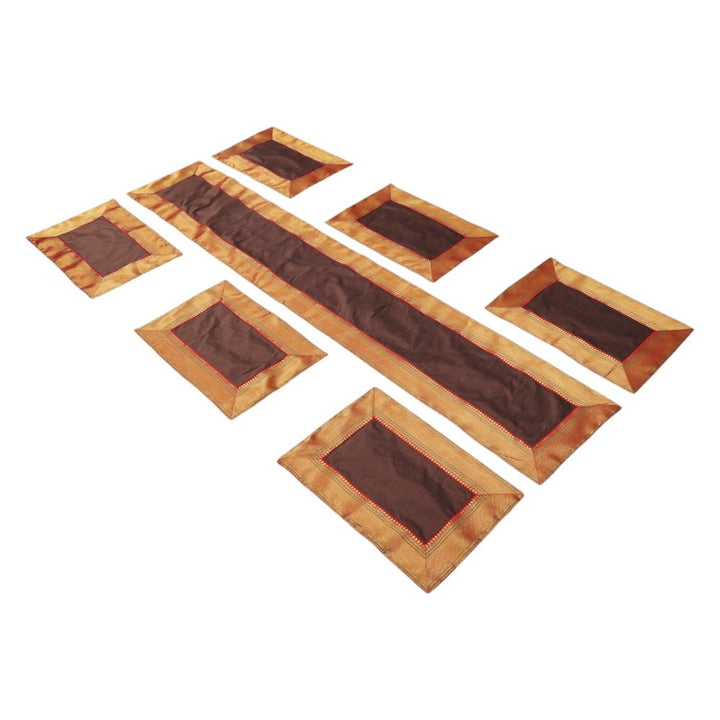Indha Maroon Dupion Silk Table Mat &amp; Runner Set with Golden Zari Border – An Elegant and Timeless Dining Set for Special Occasions and Luxurious Home Decor