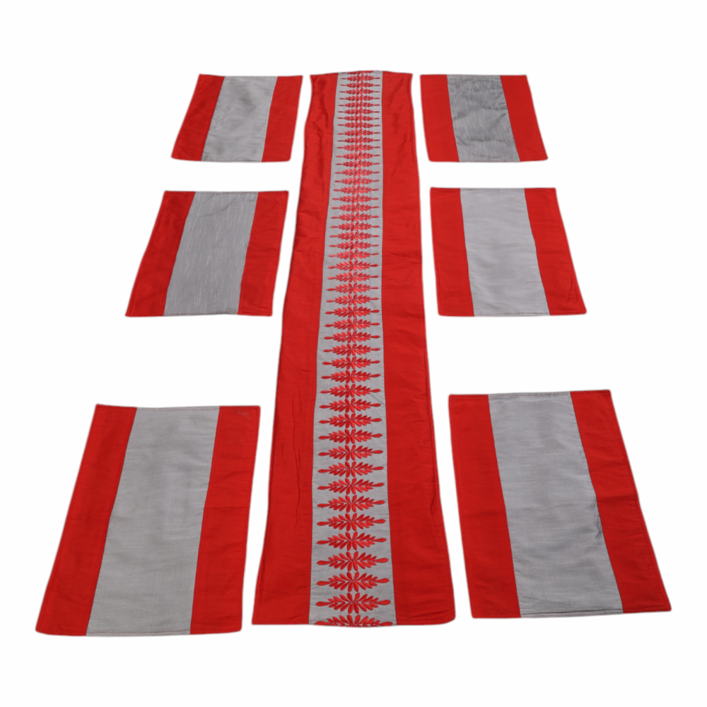 Indha Hand Embroidered Red &amp; Grey Dupion Silk Table Mat &amp; Runner Set – An Elegant and Timeless Dining Set for Special Occasions and Luxurious Home Decor | Gift | Festive Gifting | Unique Handmade | Exquisite Collections