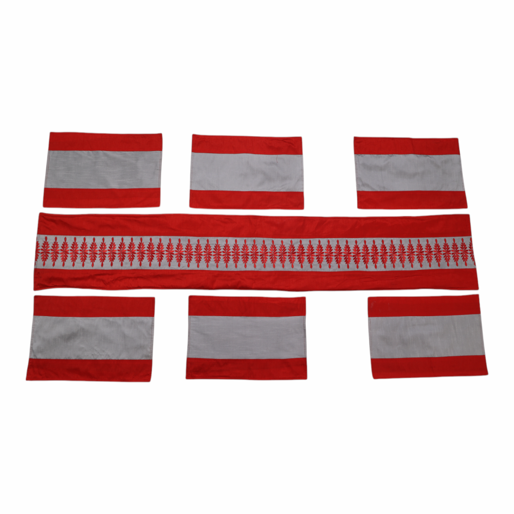 Indha Hand Embroidered Red &amp; Grey Dupion Silk Table Mat &amp; Runner Set – An Elegant and Timeless Dining Set for Special Occasions and Luxurious Home Decor | Gift | Festive Gifting | Unique Handmade | Exquisite Collections