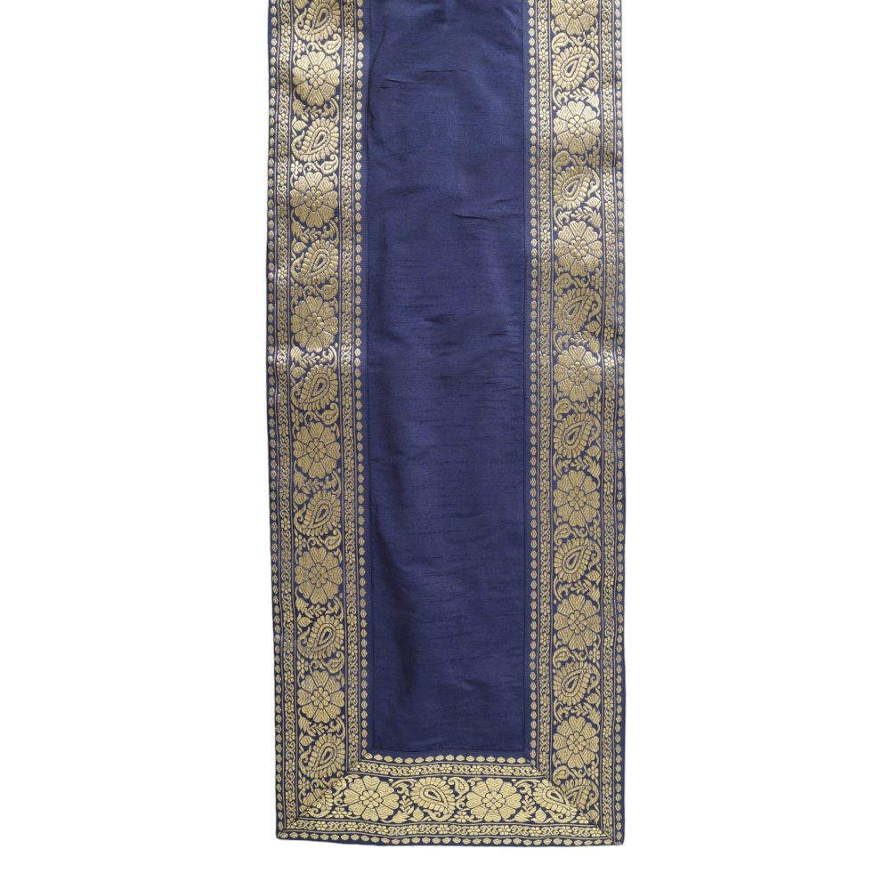 Indha Blue Dupion Silk Table Mat &amp; Runner Set with Brown Zari Border – A Luxurious Dining Set for Elegant Home Decor and Special Occasions