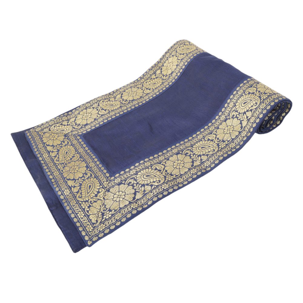 Indha Blue Dupion Silk Table Mat &amp; Runner Set with Brown Zari Border – A Luxurious Dining Set for Elegant Home Decor and Special Occasions