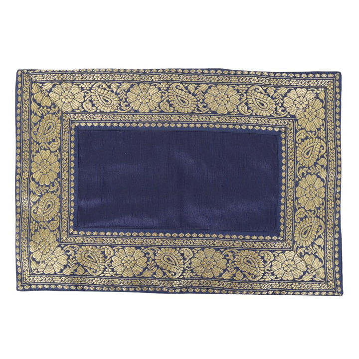 Indha Blue Dupion Silk Table Mat &amp; Runner Set with Brown Zari Border – A Luxurious Dining Set for Elegant Home Decor and Special Occasions
