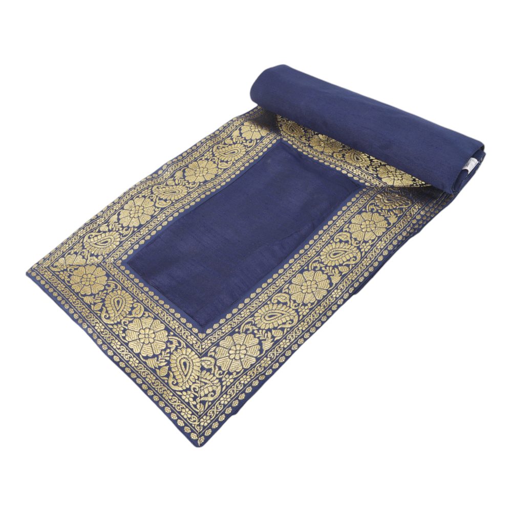 Indha Blue Dupion Silk Table Mat &amp; Runner Set with Brown Zari Border – A Luxurious Dining Set for Elegant Home Decor and Special Occasions