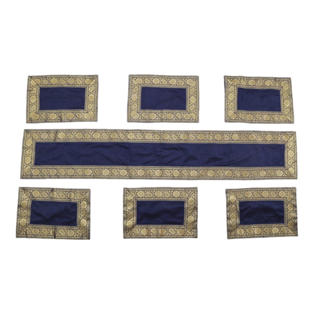 Indha Blue Dupion Silk Table Mat &amp; Runner Set with Brown Zari Border – A Luxurious Dining Set for Elegant Home Decor and Special Occasions