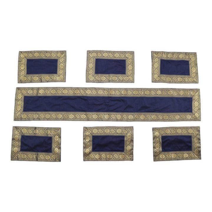 Indha Blue Dupion Silk Table Mat &amp; Runner Set with Brown Zari Border – A Luxurious Dining Set for Elegant Home Decor and Special Occasions